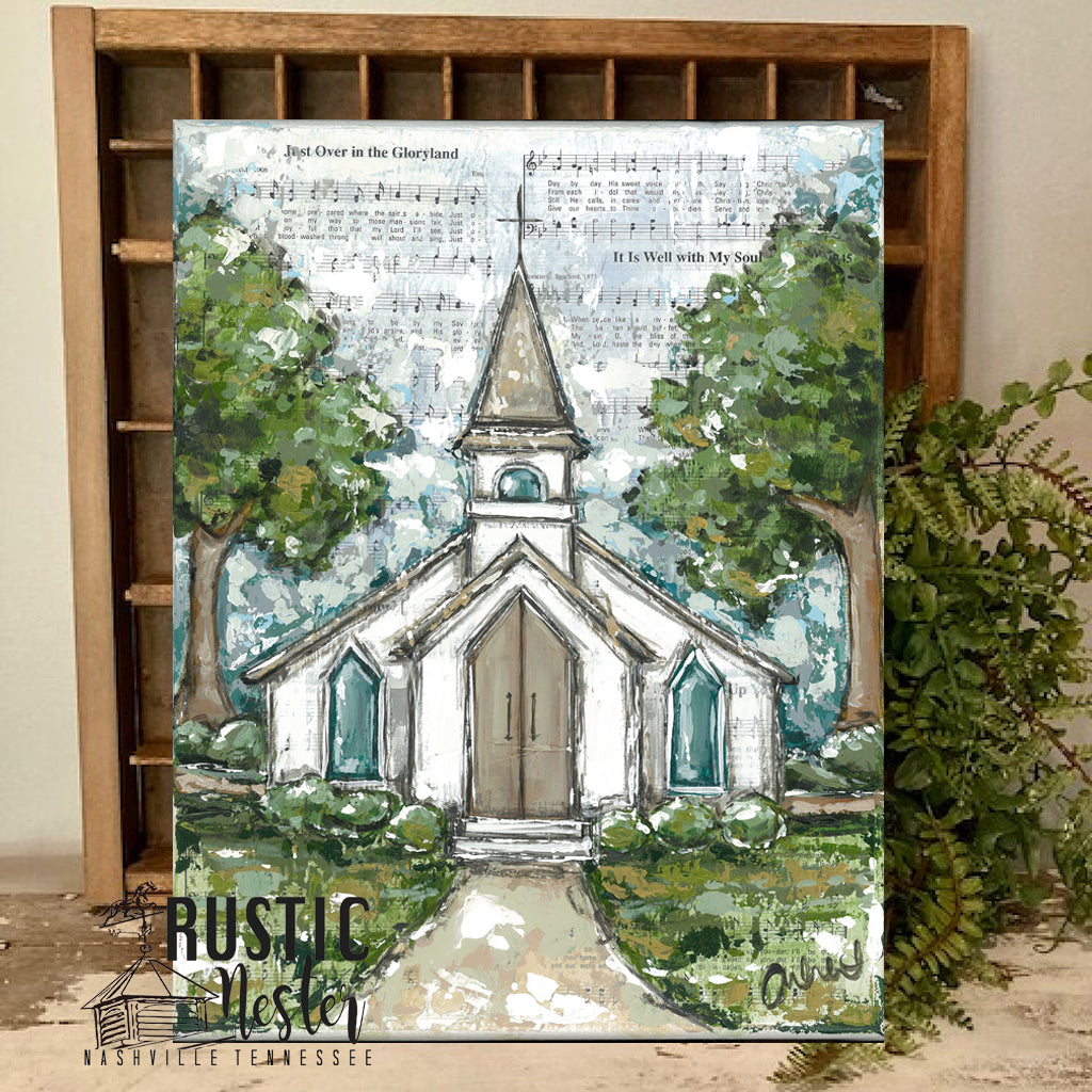 Country church canvas art print – Rustic Nester Home Decor, image size:1024x1024