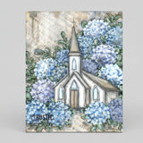 Hydrangea Florals with old church painted over hymn pages canvas art print