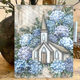 Hydrangea Florals with old church painted over hymn pages canvas art print