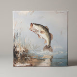 Canvas art print of a fish leaping out of water on a wooden surface with branches in the background.