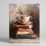 Teacup atop vintage books canvas art print
