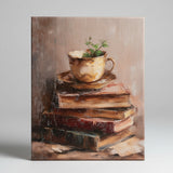 Teacup atop vintage books canvas art print