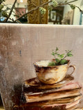 Teacup atop vintage books canvas art print