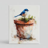 Bluebird perched on a clay pot canvas art print