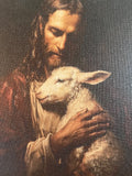 Jesus holding a Lamb Christian canvas art print, Vintage art