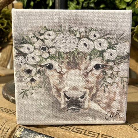 cow with flower halo canvas block, shelf sitter