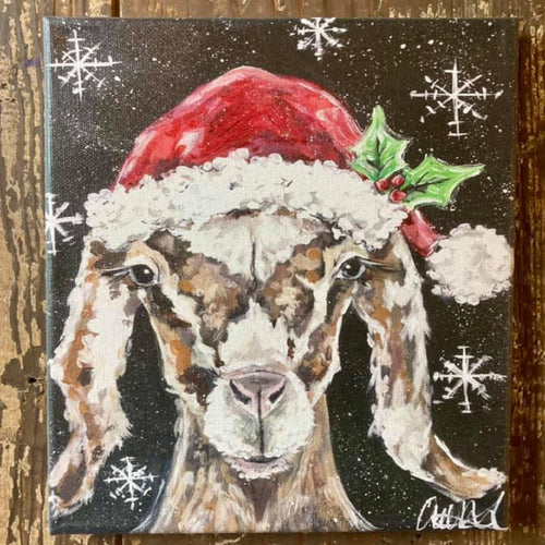 brown goat wearing red and white santa hat canvas