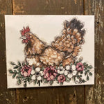 brown hen sitting on floral nest canvas