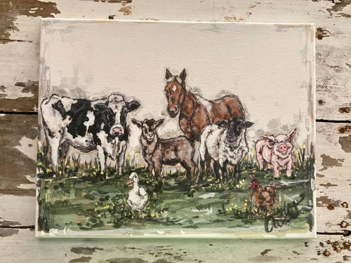 canvas with black and white cow brown goat brown horse white sheep pink pig brown chicken and white duck canvas