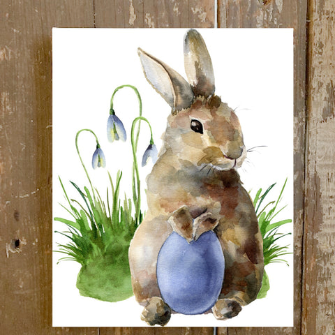 Watercolor Bunny with Lavender flowers and blue Easter egg