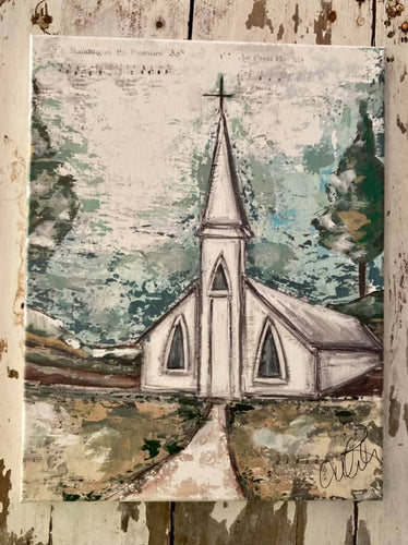 canvas of white church with hymn pages printed on background